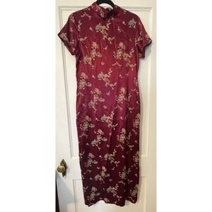 Vintage Oriental Burgundy Zip Back Maxi Dress Slit Back Oriental Dress Small